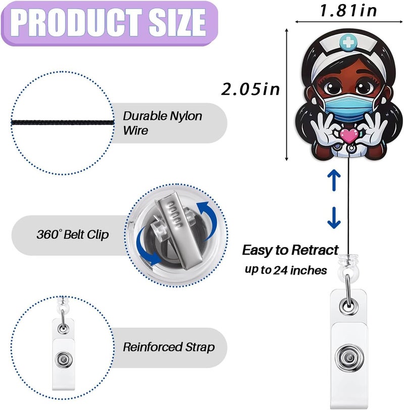 Bydevia Cute Black Girl Badge Reel Retractable for African American Nurse Nursing RN LPN & Medical Assistant | Funny Black Girl Nurse ID Badge Holder with Alligator Clip & 24” Durable Nylon Cord | Acrylic - Image 2